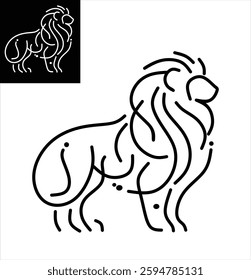 A vector illustration featuring a lion silhouette formed with single line art in black and white. Minimalist design ideal for logos, icons, and modern graphic projects
