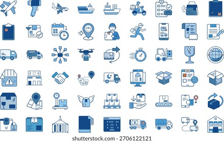 Ilustración vectorial con iconos de logística y servicio de entrega en color azul y blanco...