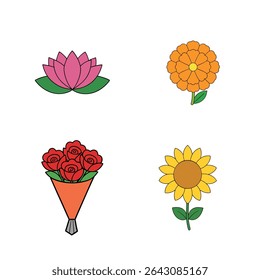 A vector illustration featuring a lotus, roses, sunflower, and zinnia isolated on white background. Perfect for floral designs and decorations.