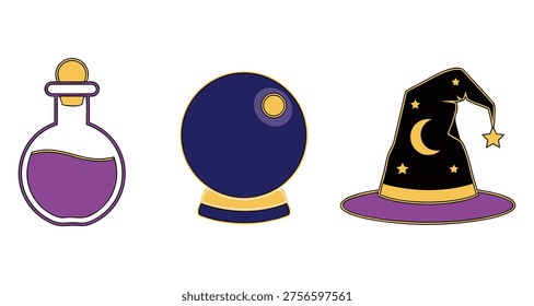 Vector illustration featuring a magical potion bottle, a fortune-telling crystal ball, and a classic witch's hat, all with a vibrant, cartoonish aesthetic, isolated on white.