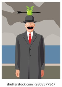 A vector illustration featuring a man standing before a low stone wall against a backdrop of a calm sea under an overcast sky. The man wears a dark gray long coat, a white collared shirt, a red tie, and a classic black bowler hat. He is laughing, and a green apple balanced on his head has been pierced by an arrow. The artwork explores the theme of revealing hidden identities, depicted through a blend of iconic artistic styles from different eras. 