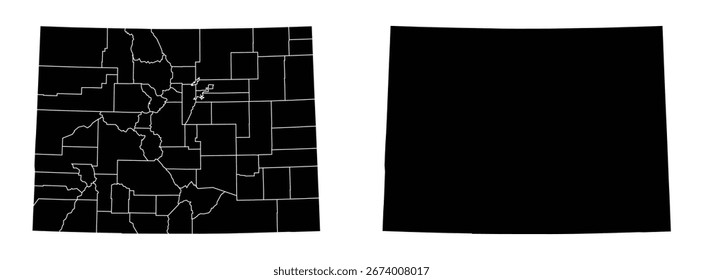 Vector illustration featuring a map of Colorado in the USA, displaying county borders on one image, and a solid fill map for design applications on another.