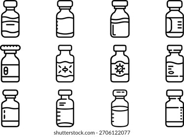 Ilustración vectorial con viales médicos y ampollas conjunto de iconos. Diseño escalable adecuado para...