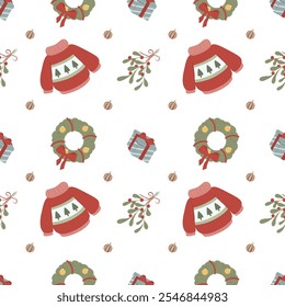 Uma ilustração Vetor com um padrão de Natal minimalista com chapéus de Papai Noel, sinos e detalhes foliares em um fundo branco, oferecendo um design festivo simples.