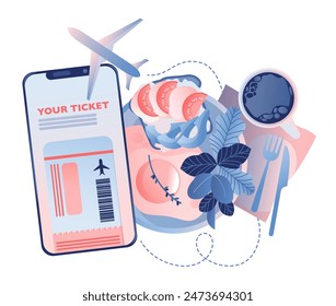 Vector illustration featuring a mobile phone displaying a flight ticket, breakfast plate with eggs and tomatoes, a cup of coffee and airplane. Relaxation zone in the airport. Traveling business class.