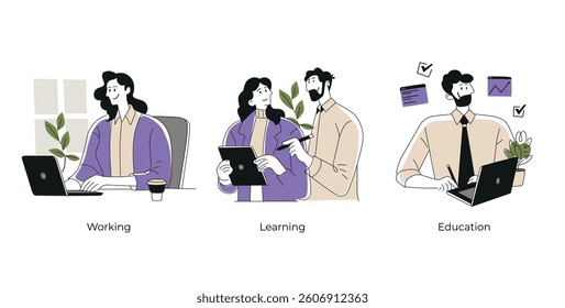 Vector Illustration featuring a modern workspace, online education, and smart learning systems. Represents professional development, digital learning, and efficient work environments.