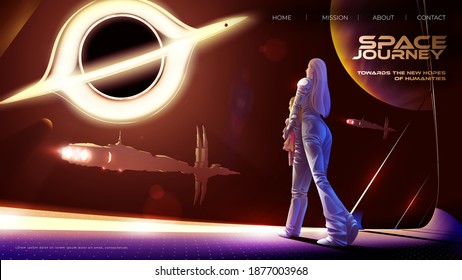 Vector illustration featuring the mother and daughter are standing in the observatory inside the colony spaceship and looking to the black hole and the space fleet.