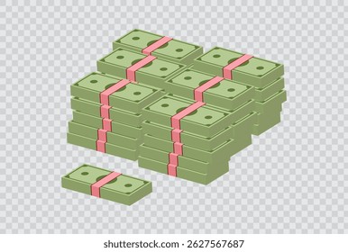 Uma ilustração vetorial com vários pacotes de dinheiro empilhados juntos em um fundo transparente