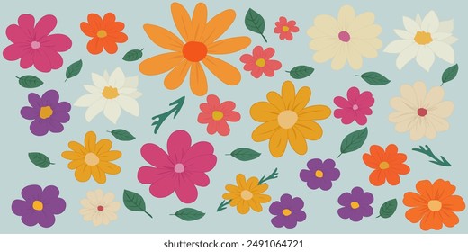 Vector illustration featuring a multitude of flowers on a solid background. This vibrant floral artwork is perfect for adding a burst of color and natural beauty to any design project