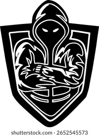 Uma ilustração vetorial com uma figura misteriosa e encapuzada com olhos brilhantes, braços cruzados, colocada dentro de um emblema de escudo. Ideal para jogos, esportes ou temas de segurança.