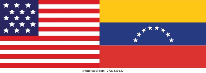 Ilustración vectorial con las banderas nacionales de los Estados Unidos de América y Venezuela mostradas juntas en un diseño limpio y moderno. Esta obra de arte representa las relaciones internacionales, la diplomacia, la política global y la cooperación entre dos países del hemisferio occidental. Ideal para su uso en medios informativos, contenidos educativos, presentaciones, Sitios web, infografías, proyectos relacionados con la geografía, el gobierno, los asuntos internacionales, el comercio y los eventos mundiales. Formato de Vector escalable de alta calidad apto para impresión y uso digital, aislado sobre un fondo claro para aplicaciones de diseño flexibles.