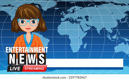Vector illustration featuring a news anchor with a global map background, ideal for media and broadcasting themes