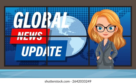 Vector illustration featuring a news anchor with a global backdrop. Bold colors and modern design highlight the broadcast theme