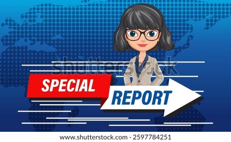 Vector illustration featuring a news anchor with a 'Special Report' banner, set against a world map background