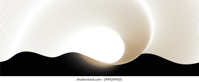 Vector illustration featuring an oceanic wave with a shimmering pattern of glowing gold particles. The dynamic design combines gold with a black and white background for a striking graphic effect

