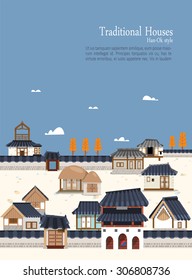 Vector illustration featuring the old town surrounded by ramparts with Korean traditional buildings.
A variety of houses ,stone pagoda, thatched house and tiled roof. Suitable for traditional holiday