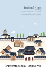 Vector illustration featuring the old town surrounded by ramparts with Korean traditional buildings.
A variety of houses ,stone pagoda, thatched house and tiled roof. Suitable for traditional holiday