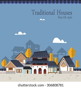 Vector illustration featuring the old town surrounded by ramparts with Korean houses 
with tiled roofs. Suitable for traditional holiday.Asian traditional architecture style and maple trees.