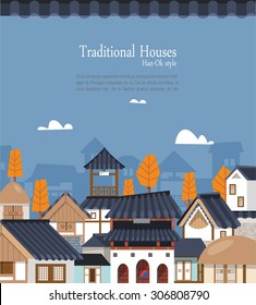 Vector illustration featuring the old town surrounded by ramparts with Korean traditional buildings.
A variety of houses ,stone pagoda, thatched house and tiled roof. Suitable for traditional holiday