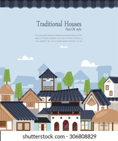 Dibujo vectorial que presenta el casco antiguo rodeado de murallas con edificios tradicionales coreanos.
Una variedad de casas, pagoda de piedra, casa de paja y techo de tejas. Adecuado para vacaciones tradicionales