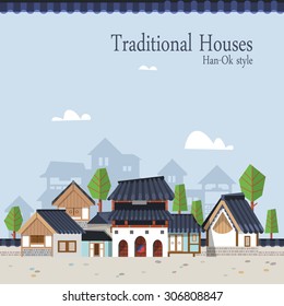 Vector illustration featuring the old town surrounded by ramparts with Korean houses 
with tiled roofs. Suitable for traditional holiday.Asian traditional architecture style and maple trees.