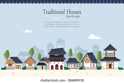 
Vector illustration featuring the old town surrounded by ramparts with Korean houses 
with tiled roofs. Suitable for traditional holiday.Asian traditional architecture style 
and maple trees.