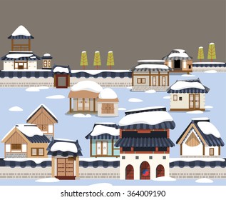 Vector illustration featuring the old town of Korean traditional buildings covered with snow.
Suitable for traditional holiday and winter season.
