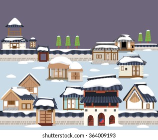 Imagen vectorial que muestra el casco antiguo de edificios tradicionales coreanos cubiertos de nieve.
Ideal para las vacaciones tradicionales y la temporada de invierno.
