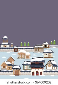 Vector illustration featuring the old town of Korean traditional buildings covered with snow.
Suitable for traditional holiday and winter season.
