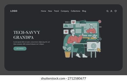 Ilustración vectorial Video que presenta a un hombre mayor haciendo una llamada mientras usa una computadora. El diseño incluye Elementos de redes sociales, mostrando un estilo de vida moderno y experto en tecnología.