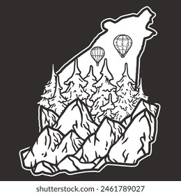 Vector illustration featuring an outline of mountains, pine trees, and hot air balloons, ideal for representing the joys of camping, hiking, and exploring the great outdoors.