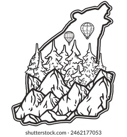 Vector illustration featuring an outline of mountains, pine trees, and hot air balloons, ideal for representing the joys of camping, hiking, and exploring the great outdoors.