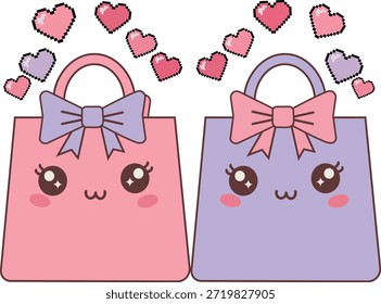 Ilustración vectorial con un par de mascotas de bolso rosa con caras sonrientes, lazos decorativos y Elementos de corazón flotante. Diseño de personajes de Profesional con temática de moda en tonos pastel, ideal para promociones de compras de San Valentín, marca de regalo romántica y patrones de accesorios decorativos.