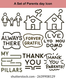 Vector illustration featuring Parents Day icons family of three, cozy houses with hearts, Thank You quotes, words of gratitude, and pillar illustration symbolizing support.