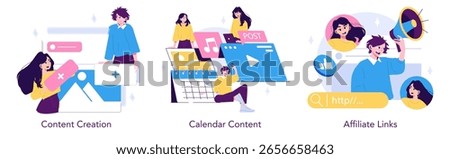 Vector illustration featuring people engaged in content creation, calendar content planning, and affiliate link promotion. Ideal for digital marketing concepts and campaigns.