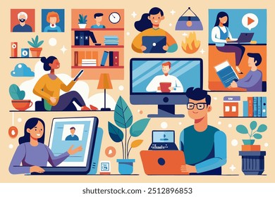 A vector illustration featuring people engaging in virtual meetings and remote work collaboration, perfect for business and remote work themes.