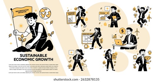 Vector illustration featuring people promoting sustainable growth through clean energy, green farming, eco-investment, and natural resource planning.