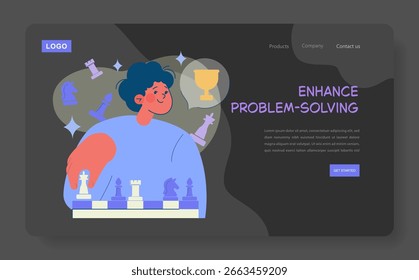 Vector illustration featuring a person analyzing a chessboard with a thoughtful expression, representing problem-solving skills and strategic thinking development.