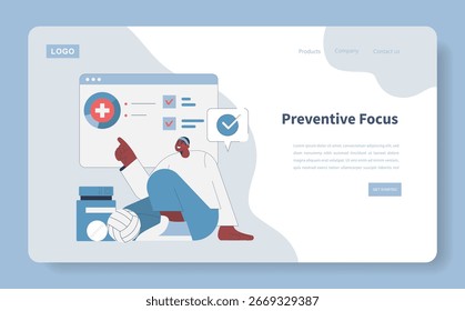 Ilustração vetorial apresentando uma pessoa envolvida com um painel digital com tema de saúde, enfatizando o foco preventivo com marcas de verificação, medicação e ícones de saúde.