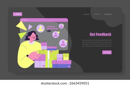 Ilustração vetorial com uma pessoa interagindo com caixas de presente em uma plataforma digital, destacando feedback e comunicação on-line, com ícones de perfil envolventes.