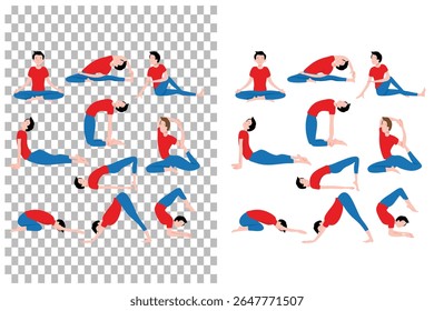 Ilustração vetorial com uma pessoa realizando uma variedade de poses de ioga, incluindo alongamento, backbends, reviravoltas e posturas de meditação. Esta coleção mostra o equilíbrio de flexibilidade e atento