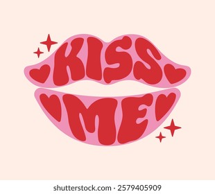 vector illustration featuring the phrase Kiss me in bold, hippy psychedelic lettering. The design groovy phrase, shape of lips creating a playful and retro atmosphere that evokes love and positivity.