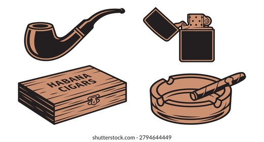 A vector illustration featuring a pipe, lighter, cigar box, and ashtray with a cigar, all in a brown and black color scheme on a white background.
