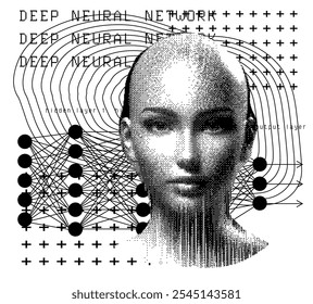 Vector illustration featuring a pixelated human-like face and neural network layers.The image visually represents the connections and computational structure underlying machine learning models.