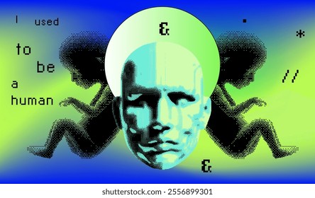 Vector illustration featuring a pixelated humanoid face with a glowing green halo. Fetal silhouettes and cryptic text, including "I used to be a human," blend with a vivid blue-green gradient.