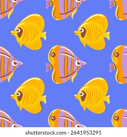 vector illustration featuring playful fish on a blue background. The design showcases a mix of yellow and purple fish with expressive eyes, creating a cheerful and whimsical underwater scene.