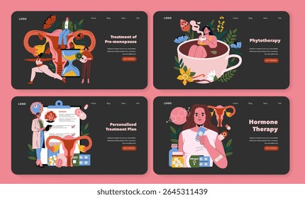 Ilustração vetorial apresentando métodos de tratamento pré-menopausa. Descreve mulheres explorando planos personalizados, terapia hormonal e fitoterapia. As expressões engajadas enfatizam o foco de bem-estar.