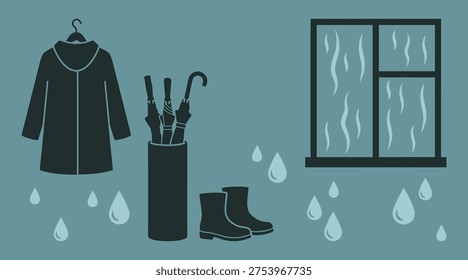 Vector illustration featuring rainy weather gear including a hanging raincoat, umbrella stand with umbrellas, rubber boots, and a window with rain streaks suitable for monsoon season designs and autumn weather concepts.