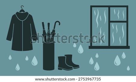 Vector illustration featuring rainy weather gear including a hanging raincoat, umbrella stand with umbrellas, rubber boots, and a window with rain streaks suitable for monsoon season designs and autumn weather concepts.