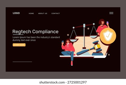 Ilustración vectorial que presenta el cumplimiento de regtech con escalas, escudos e individuos que utilizan tecnología. Los Elementos incluyen un mazo y símbolos seguros que representan la regulación digital.
